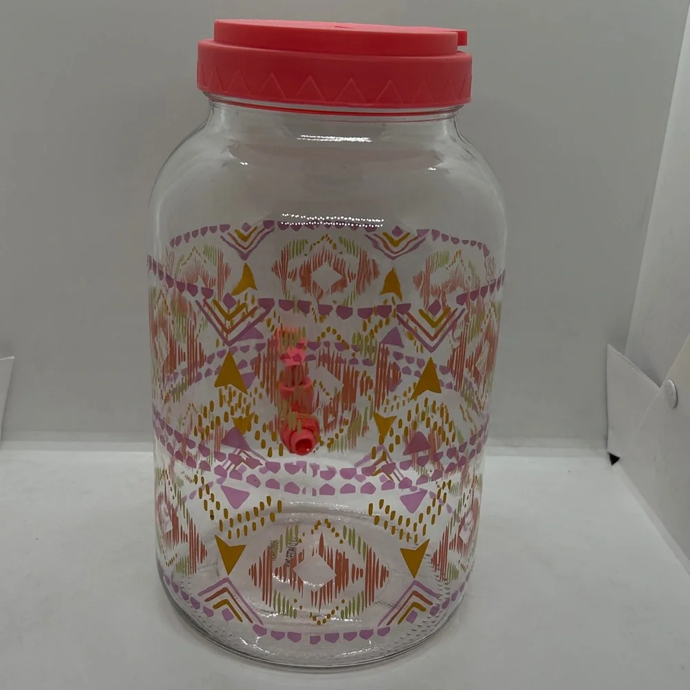Vintage Colorful Glass Gallon Dispenser Sun Tea Jar:Rosy Geometric Design